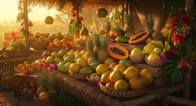 Tropical fruit display with sunlight and variety for commercial use