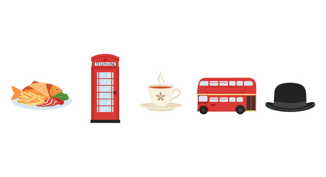 British cultural icons collection featuring traditional food, a classic red telephone booth, a double-decker bus, a cup of tea, and a bowler hat.