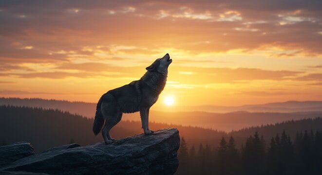 Wolf howling at sunset silhouette on rock outdoors panoramic view