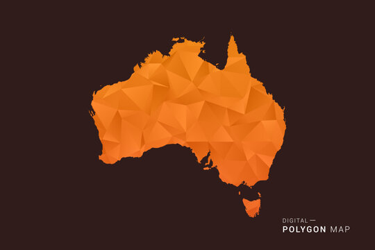 Australia Map - low poly polygon vector, geometric triangulated silhouette in orange and dark brown tones, clean modern infographic style, isolated background.