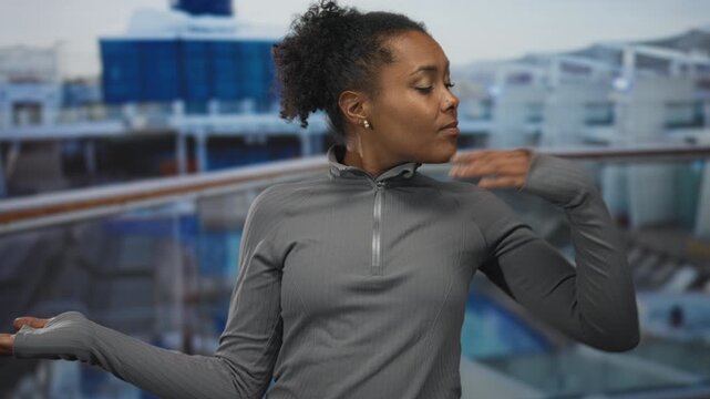 Young woman extends arms on cruise ship deck by building railing overlooking sea under clear blue sky; serenity.