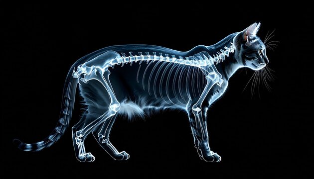 X-ray profile of cat skeleton showing skull, spine, ribs, and forelimbs, symbolizing veterinary anatomy and medical imaging.