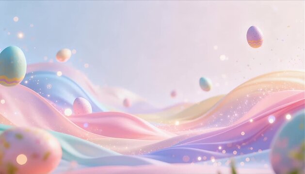 abstract 3d motion graphics of flowing pastel waves and glowing particles for elegant spring easter background concept