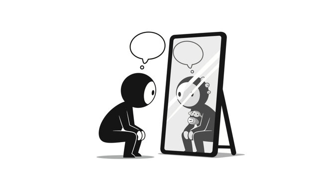 Cartoon character looking in mirror, contemplating self