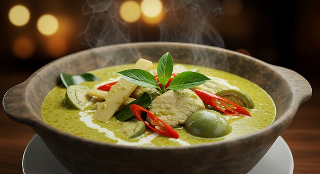 Delicious green curry dish with vegetables and spices in a bowl