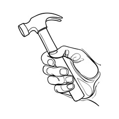 Logo men at work. Dibujo sencillo con línea continua de una mano sujetando un martillo  © teracreonte