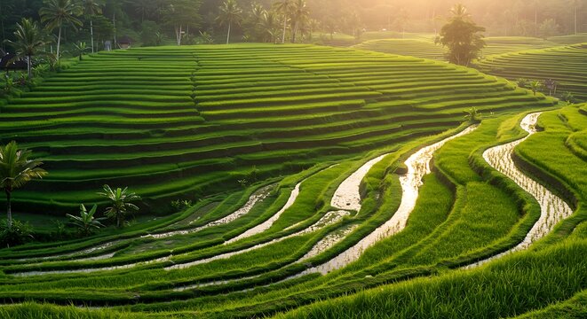 Scenic terraced rice fields under soft sunlight on a clear day