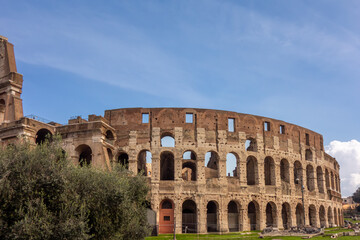 Fototapeta premium The Colosseum in Rome, Italy. The Amphitheatre is one of Rome's most popular tourist attractions. Italian Historical Landmark and Travel Destination