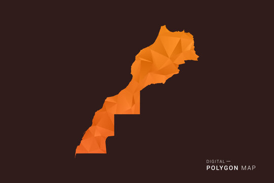 Morocco Map - low poly polygon vector, geometric triangulated silhouette in orange and dark brown tones, clean modern infographic style, isolated background.