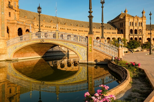 Seville, Spain. Plaza de Espagna at golden hour. It was built in 1928 for the Ibero-American Exposition of 1929