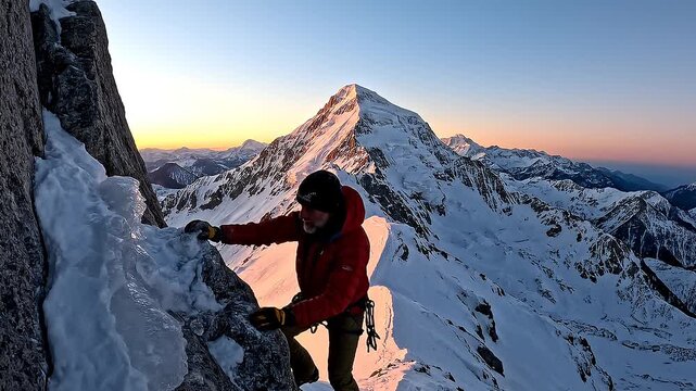 Climber on snowy mountain peak at sunrise