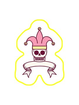radioactive glowing animation of traditional tattoo with banner of a skull jester in bright glow color