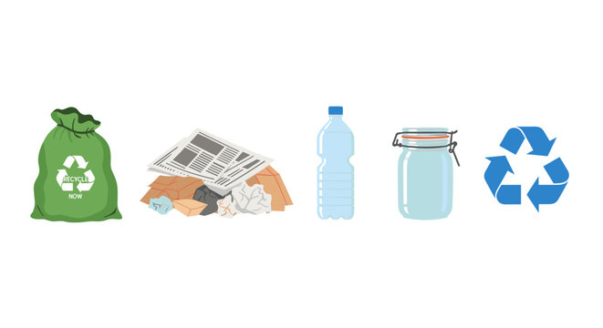 Different types of waste materials such as paper, plastic bottles, and glass jars are presented with a recycle symbol and bag, emphasizing eco-friendly practices.