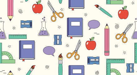 Seamless pattern with school and education elements, vector illustration on a light background, learning tools and supplies © shamim