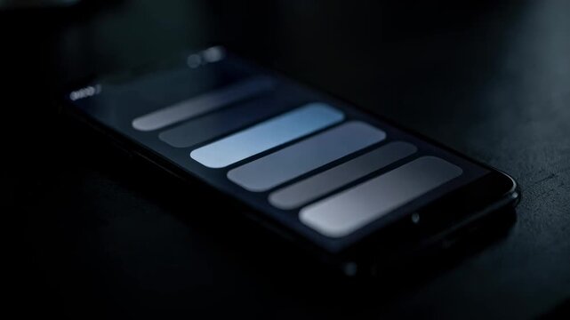 Smartphone screen in dim lighting showcasing night mode mobile search app sharp search input area and scrolling results with the surroundings gently out of focus.