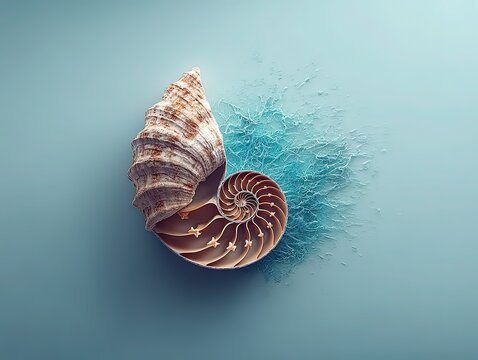 Overhead view photograph of a nautilus shell, revealing its internal spiral structure and symmetrical pattern. 