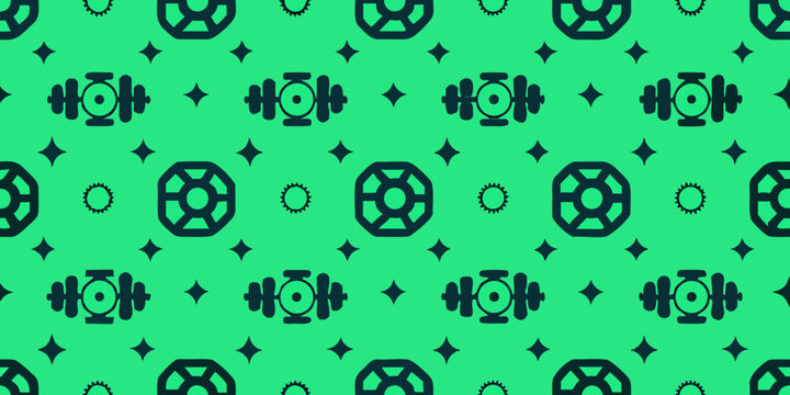 Seamless pattern with dark blue mechanical gears on a teal background