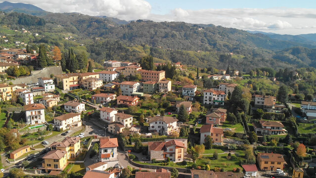 Aerial view of Barga, Garfagnana, showcasing the picturesque Italian village on a sunny day