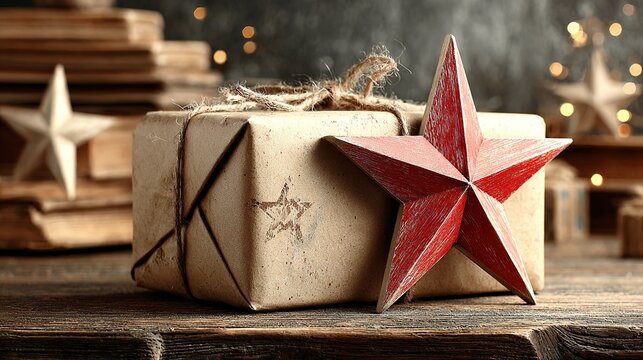 Rustic gift display, a kraft paper package tied with twine and adorned with a red wooden star, resting quietly on an old weathered wooden bench. 