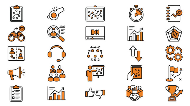 Sports coaching and management icon set in linear style. A collection of icons including tactics, whistle, strategy board, timer, analysis, recruitment, headset, formation, trophy