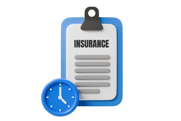 Obraz premium 3d insurance documents time icon. claim processing concept. minimal cartoon clipboard paperwork clock for insurance app. isolated on white transparent background. 3d render.