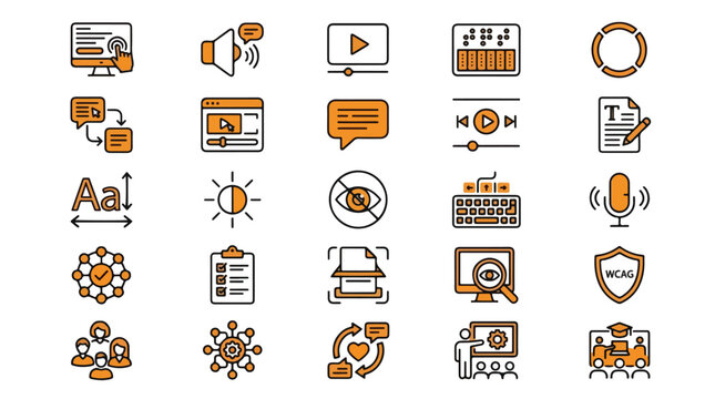 Web Accessibility and Inclusion Icon Set in Line Style. A collection of linear icons representing Braille, WCAG, screen reader, keyboard navigation, text size, contrast