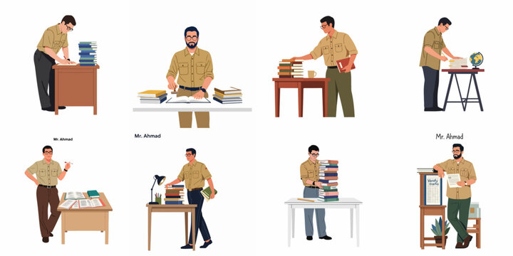 Set of illustrations depicting a male teacher or librarian managing books, grading papers, and working in an academic environment.