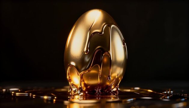 3d render of glowing liquid gold flowing into egg shape on dark moody background for luxury easter branding concept