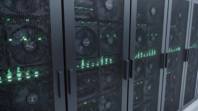 Data center server racks in quiet cooling environment.
