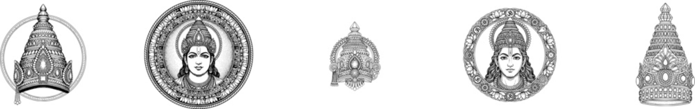 Lord Rama vector set featuring divine portraits and ornate royal crowns (mukut). Perfect for Ram Navami graphics, Hindu festival branding, religious DIY crafts, and spiritual line art designs