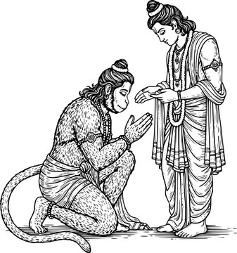 Detailed hand-drawn etching of Hanuman kneeling in devotion before Lord Rama. Sacred Ram-Hanuman Pranama vector for Indian devotional prints, Jai Shri Ram posters, and Ramayana book illustrations