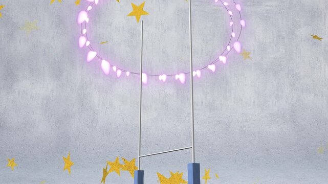 Animation of christmas decorations over rugby goal, sky and clouds background