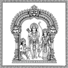 Fototapeta premium Detailed hand-drawn vector of Lord Rama, Sita, and praying Hanuman inside an ornate temple arch. Ideal for Ram Navami posters, Hindu wedding invitations, and scalable commercial tracing