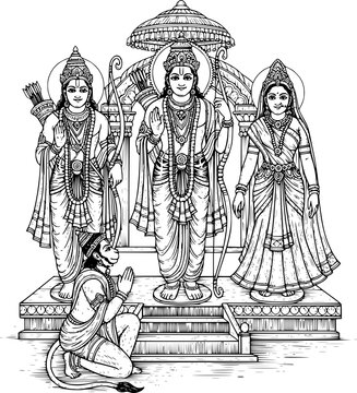 Hand-drawn vector of standing Ram Darbar with Rama, Sita, Lakshmana, and praying Hanuman. Perfect for Ayodhya Ram Mandir posters, Diwali greetings, and clean SVG commercial tracing
