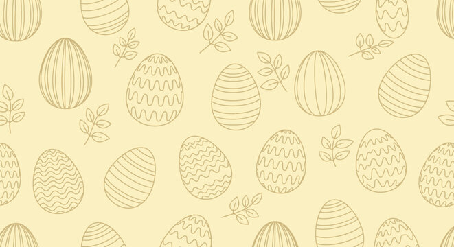 Easter seamless pattern with outline eggs and leaves on pastel background, festive spring holiday celebration design, natural doodle elements for decoration and textiles