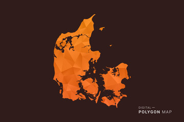 Obraz premium Denmark Map - low poly polygon vector, geometric triangulated silhouette in orange and dark brown tones, clean modern infographic style, isolated background.