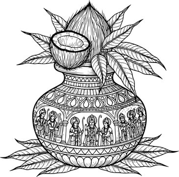 Hand-drawn vector of auspicious Mangal Kalash with half-cracked coconut and engraved Ram Darbar. Perfect for Hindu wedding cards, Griha Pravesh invitations, Ram Navami, and clean SVG tracing
