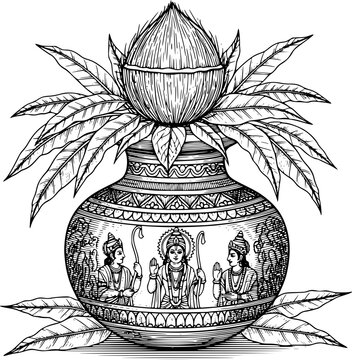 Hand-drawn vector of auspicious Mangal Kalash with coconut, leaves, and engraved Ram Darbar. Perfect for Hindu wedding invitations, Griha Pravesh, Ram Navami puja, and clean SVG tracing