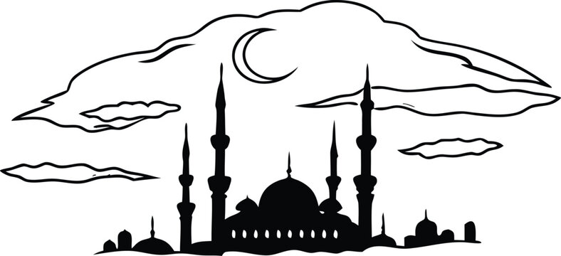 Vector mosque silhouette with crescent moon and clouds