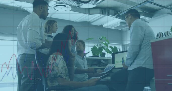 Animation of statistical data processing over diverse colleagues discussing over document at office