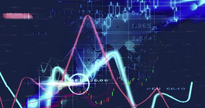Animation of graphs and financial data over world map and blue and black background