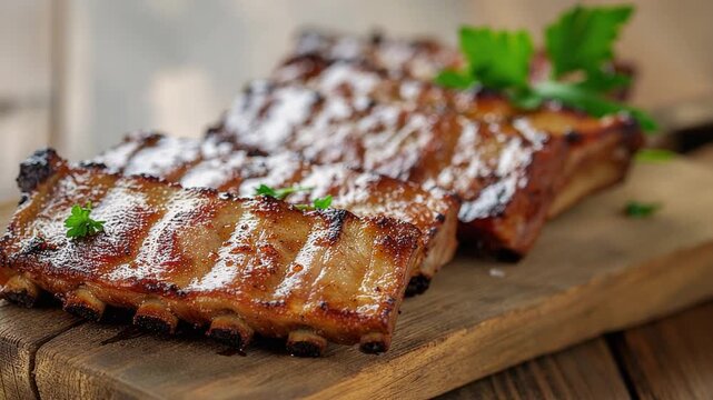 Delicious grilled pork ribs with fresh herbs on wooden board close up