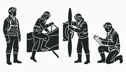 Vintage pilot silhouettes in various aviation poses © 777SKYLABS