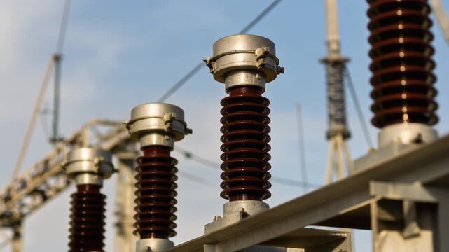 Close up view of high voltage electrical insulators in power substation under clear sky