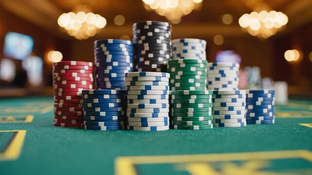 Close-Up of Poker Chips in Motion on Green Table