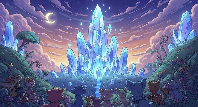 A group of cartoon creatures gathered around a glowing crystal formation at sunset