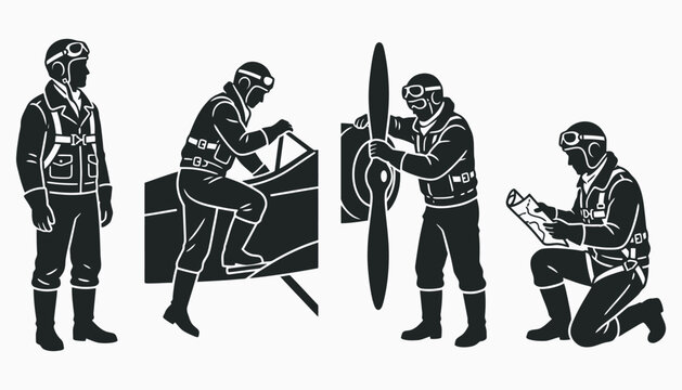 Vintage pilot silhouettes in various aviation poses
