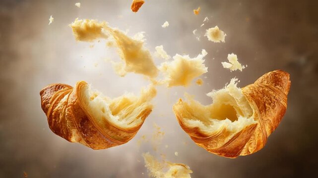 Freshly baked golden croissant breaking apart with crumbs flying in warm light