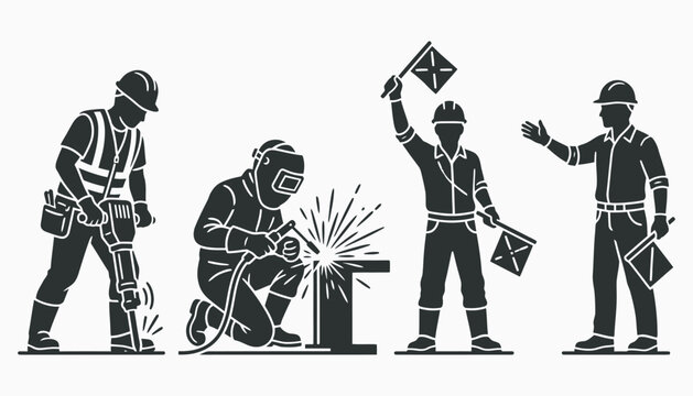 Construction worker silhouettes performing industrial tasks on white background