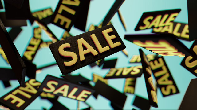 Sales Frenzy: Floating Sale Signs Create a Dynamic, Busy Retail Scene with Excitement and Energy